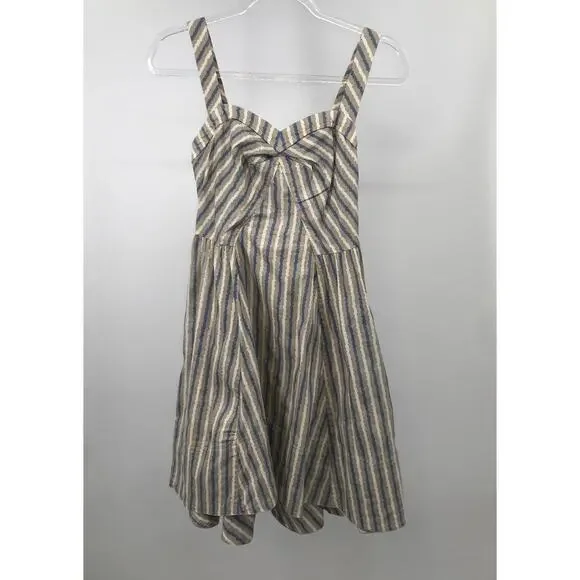 Free People Beige Blue Striped Sleeveless Mini Dress Womens 4 - Picture 2 of 11
